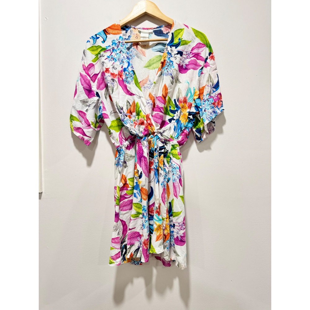 La Blanca Tropical Floral V-Neck Knot Front Swim Cover Up Mini Dress Small